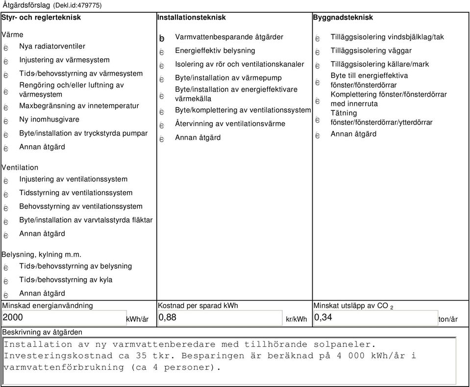 värmesystem Maxbegränsning av innetemperatur Ny inomhusgivare Byte/installation av tryckstyrda pumpar b Varmvattenbesparande åtgärder Energieffektiv belysning Isolering av rör och ventilationskanaler