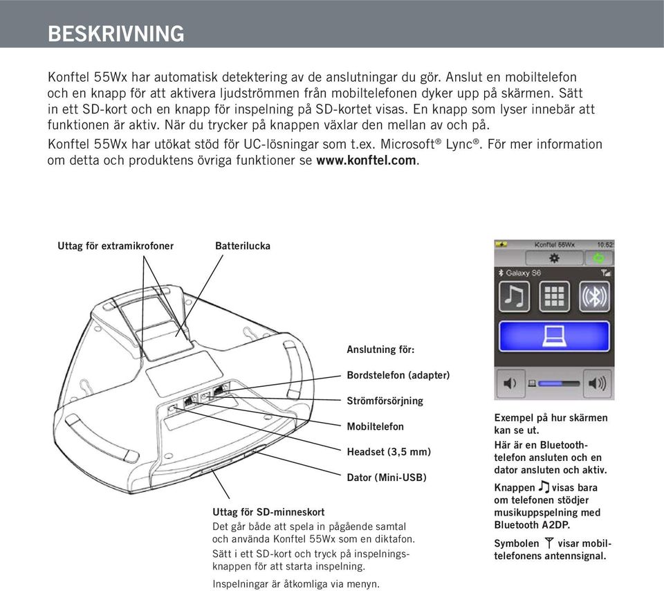 Konftel 55Wx har utökat stöd för UC-lösningar som t.ex. Microsoft Lync. För mer information om detta och produktens övriga funktioner se www.konftel.com.