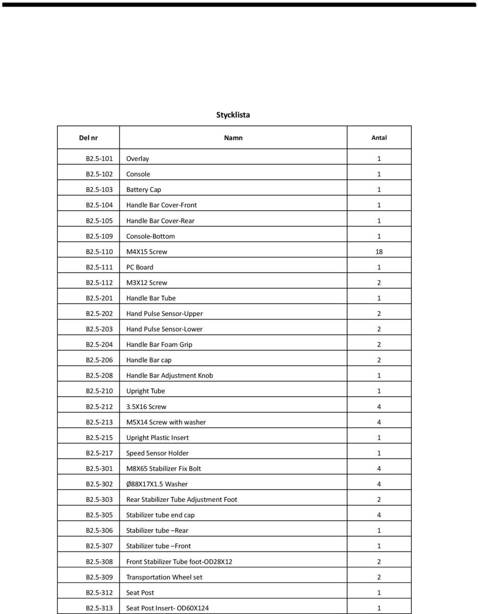 5-206 Handle Bar cap 2 B2.5-208 Handle Bar Adjustment Knob 1 B2.5-210 Upright Tube 1 B2.5-212 3.5X16 Screw 4 B2.5-213 M5X14 Screw with washer 4 B2.5-215 Upright Plastic Insert 1 B2.