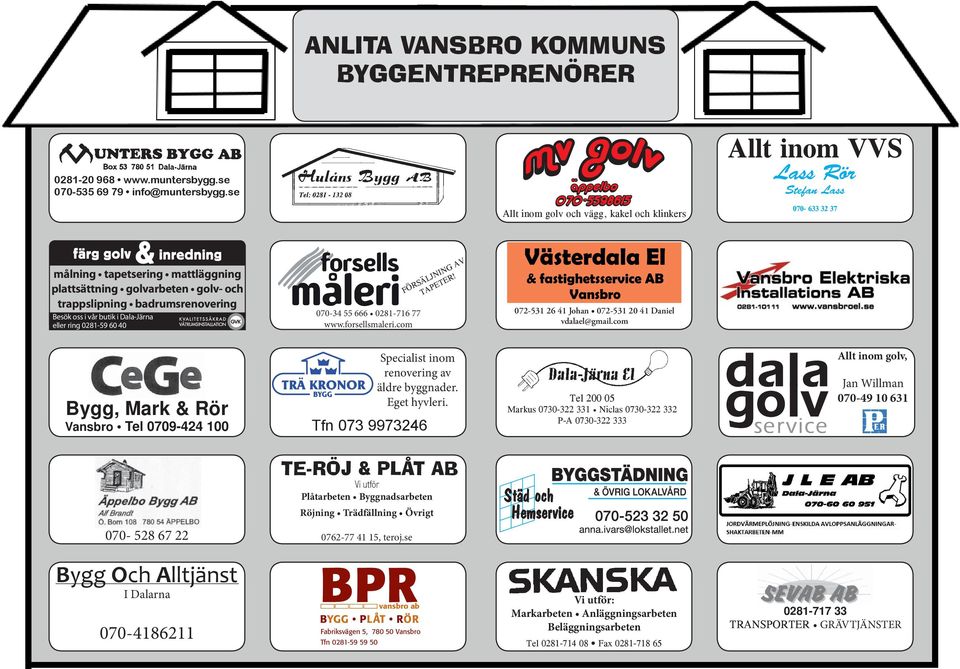 Besök oss i vår butik i Dala-Järna eller ring 0281-59 60 40 070-34 55 666 0281-716 77 www.forsellsmaleri.com FÖRSÄLJNING AV TAPETER! 072-531 26 41 Johan 072-531 20 41 Daniel vdalael@gmail.