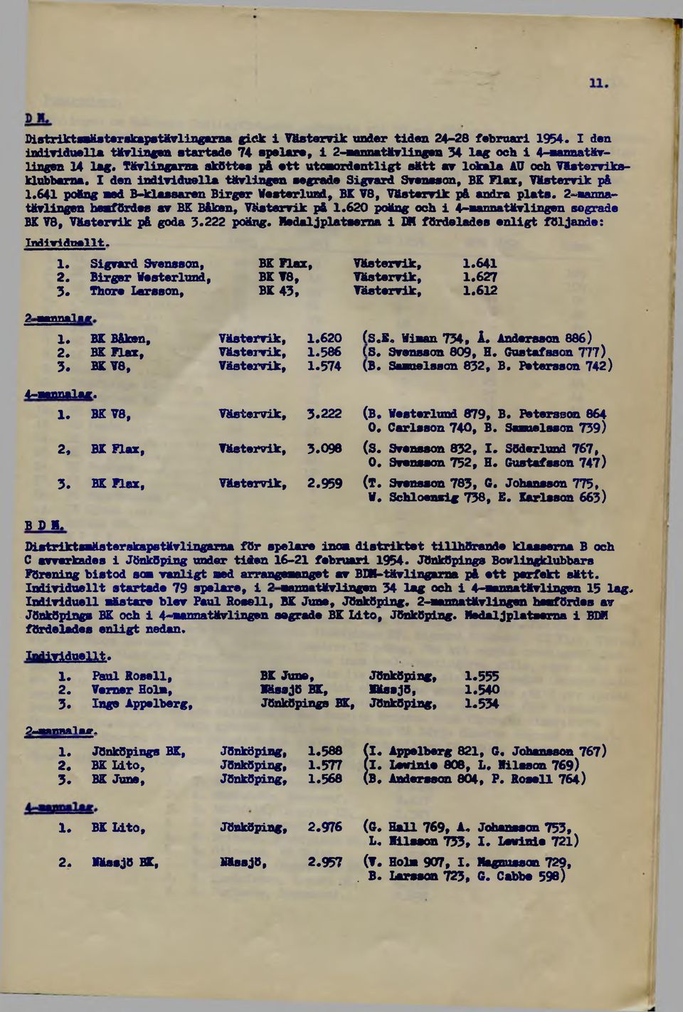 I den individuella tävlingen segrade Sigvard Svensson, BK Flax, Västervik på 1.641 polng aed B-klaasaren Birger Vasterlund, BE V8, Västervik p& andra plats.