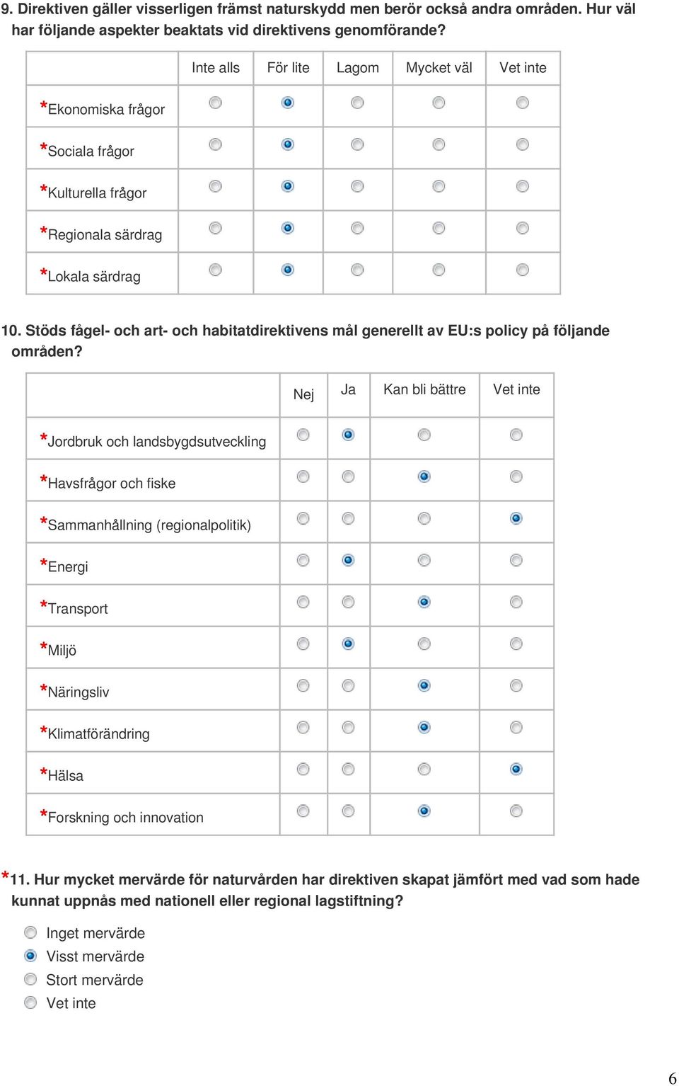 Stöds fågel- och art- och habitatdirektivens mål generellt av EU:s policy på följande områden?