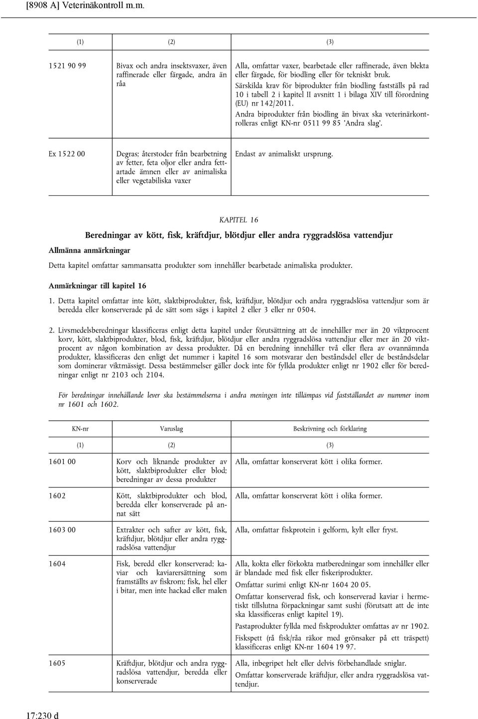 Särskilda krav för biprodukter från biodling fastställs på rad 10 i tabell 2 i kapitel II avsnitt 1 i bilaga XIV till förordning (EU) nr 142/2011.