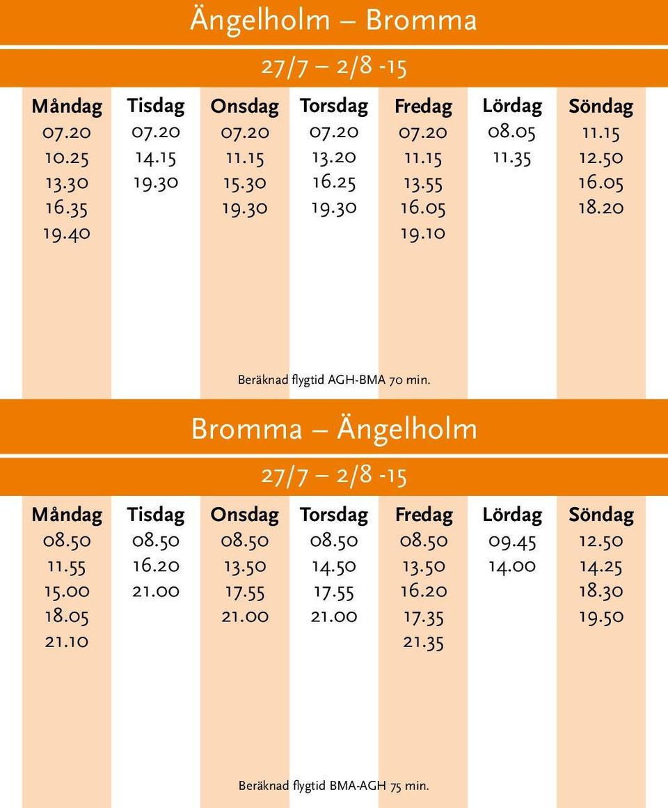 10 21.00 Beräknad flygtid AGH-BMA 70 min. Bromma Ängelholm 21.