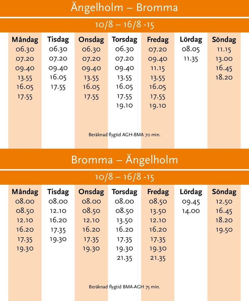 00 Beräknad flygtid AGH-BMA 70 min.