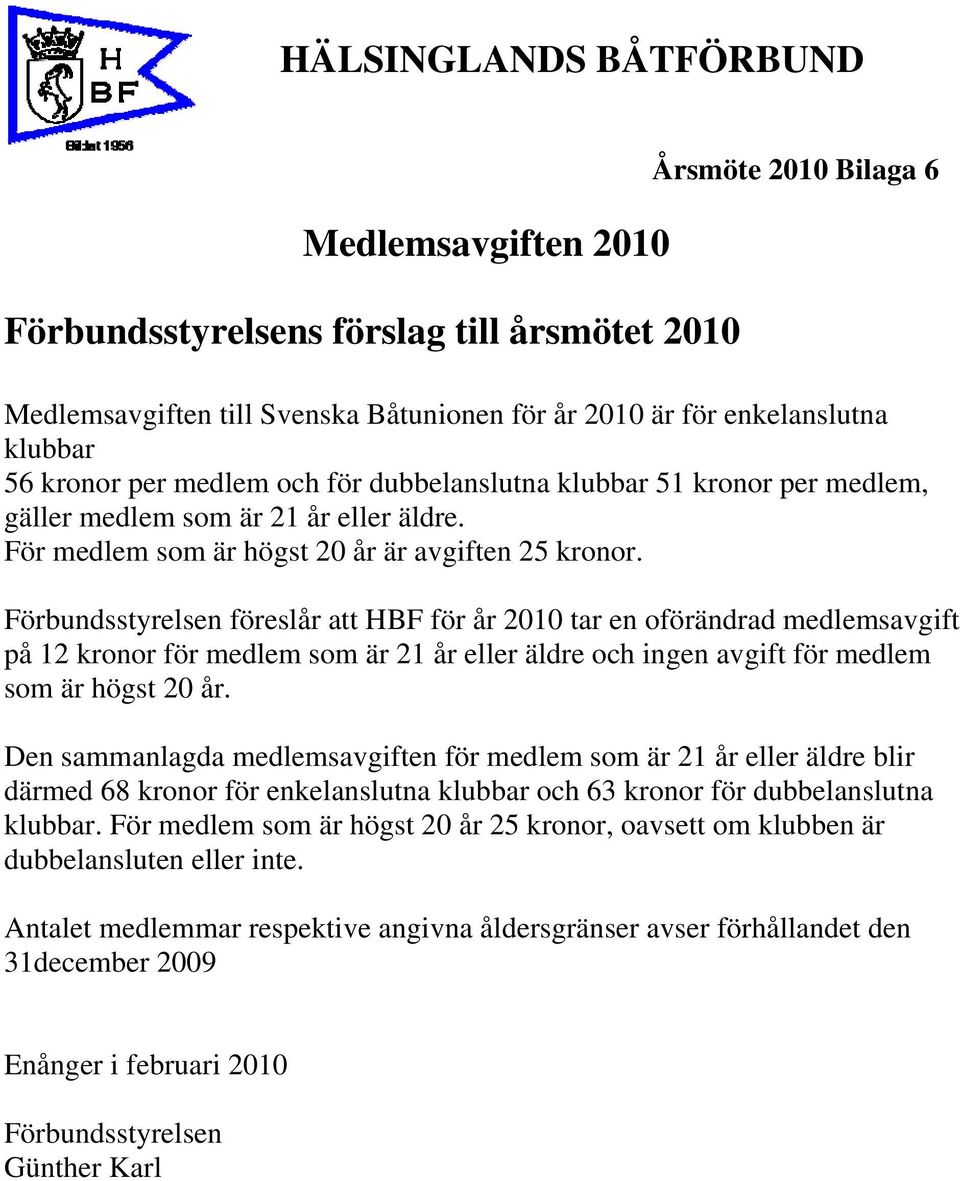 Förbundsstyrelsen föreslår att HBF för år 2010 tar en oförändrad medlemsavgift på 12 kronor för medlem som är 21 år eller äldre och ingen avgift för medlem som är högst 20 år.