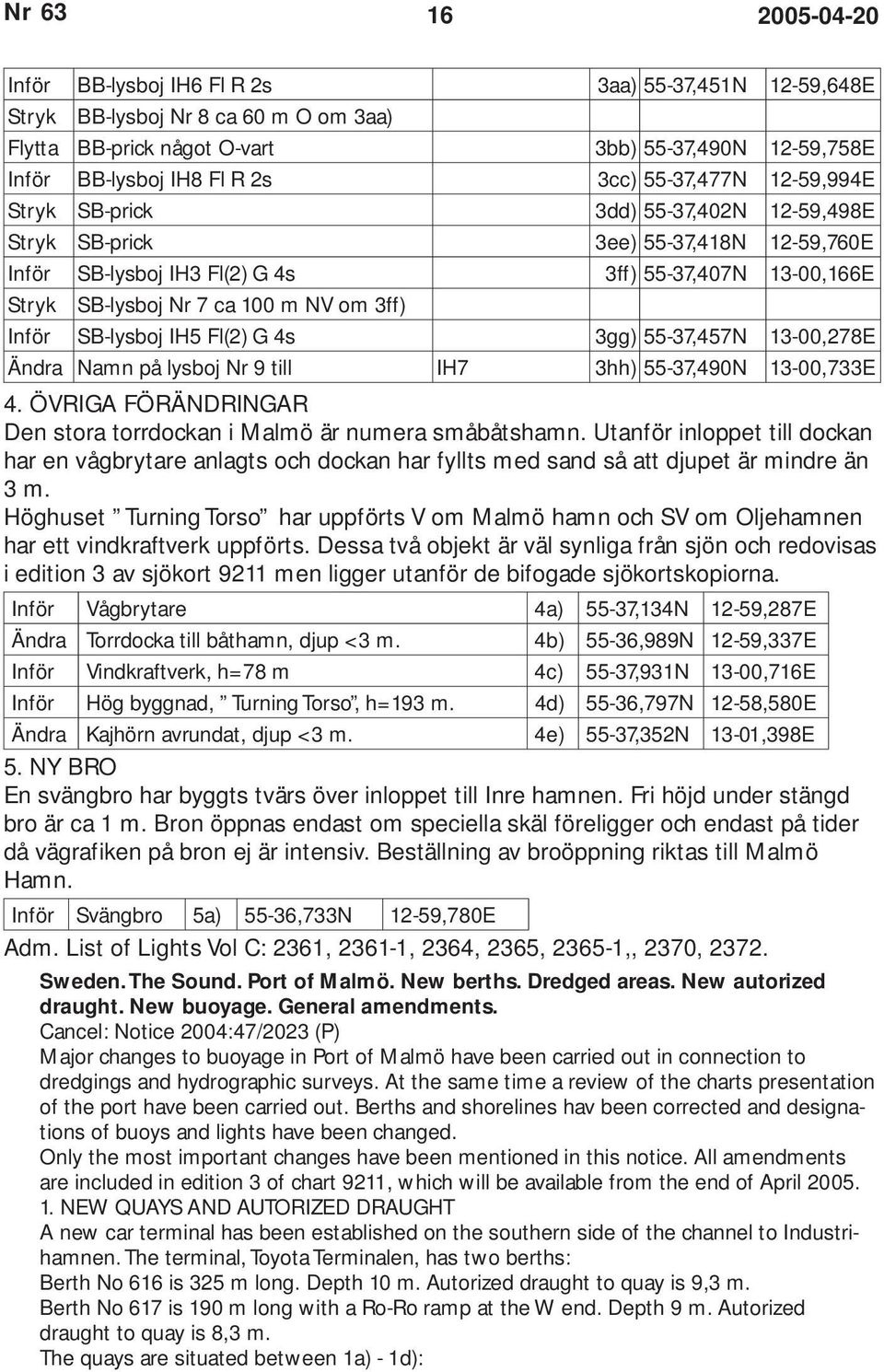 3ff) Inför SB-lysboj IH5 Fl(2) G 4s 3gg) 55-37,457N 13-00,278E Ändra Namn på lysboj Nr 9 till IH7 3hh) 55-37,490N 13-00,733E 4. ÖVRIGA FÖRÄNDRINGAR Den stora torrdockan i Malmö är numera småbåtshamn.
