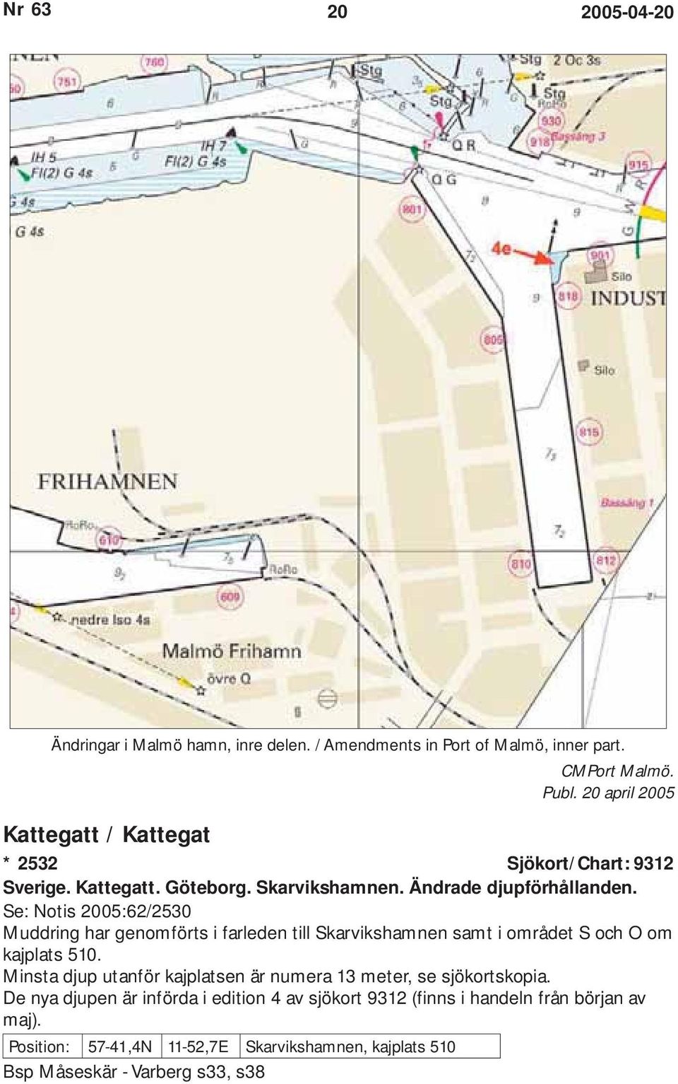 Se: Notis 2005:62/2530 Muddring har genomförts i farleden till Skarvikshamnen samt i området S och O om kajplats 510.