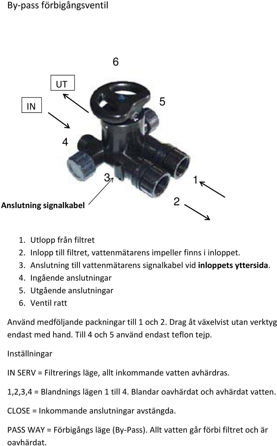 Till 4 och 5 använd endast teflon tejp. Inställningar IN SERV = Filtrerings läge, allt inkommande vatten avhärdras. 1,2,3,4 = Blandnings lägen 1 till 4.