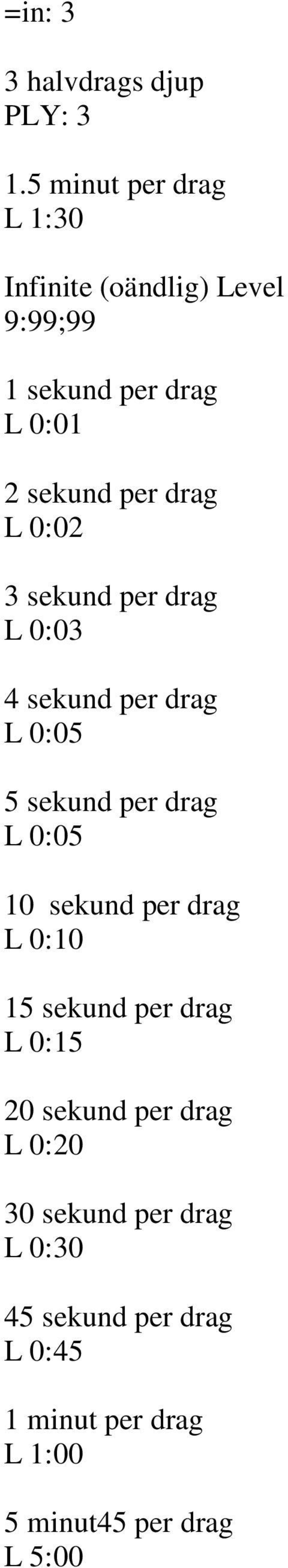 drag L 0:02 3 sekund per drag L 0:03 4 sekund per drag L 0:05 5 sekund per drag L 0:05 10 sekund