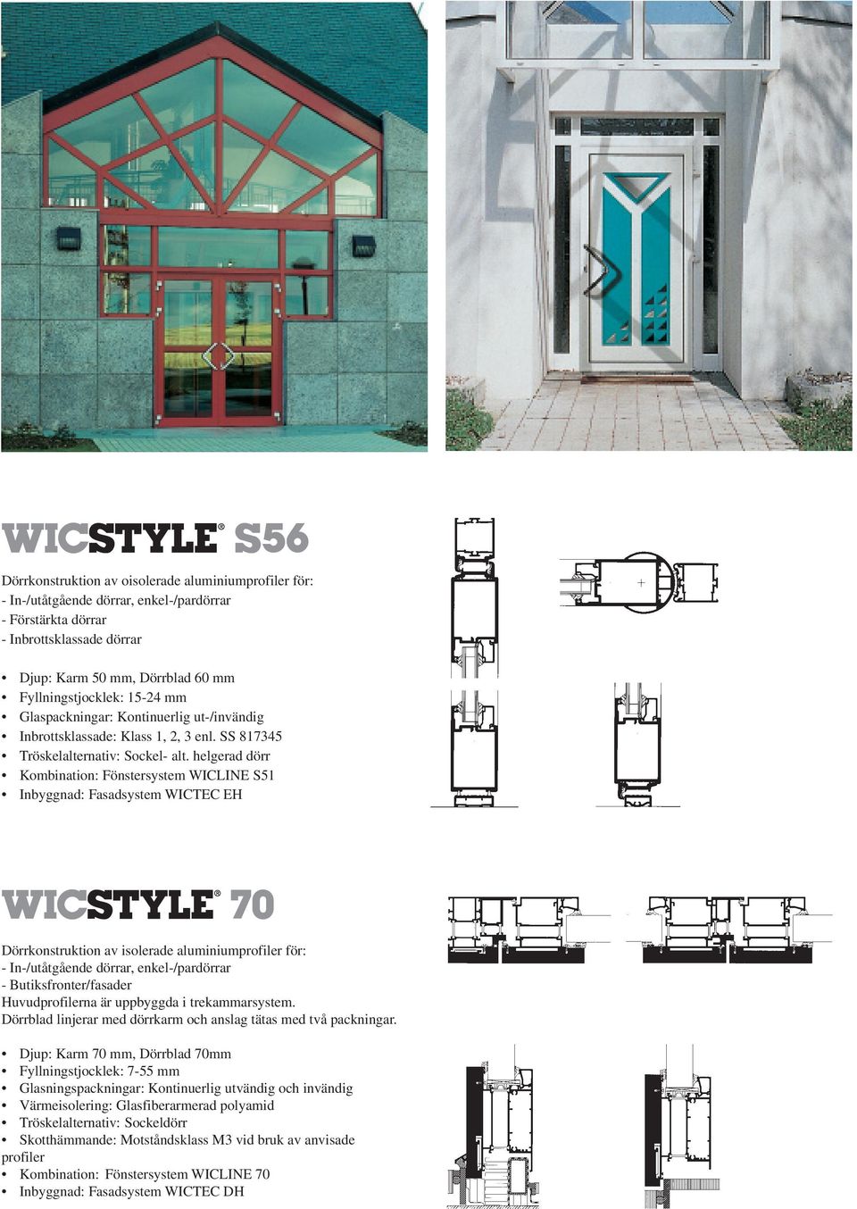 helgerad dörr Kombination: Fönstersystem WICLINE S51 Inbyggnad: Fasadsystem WICTEC EH Dörrkonstruktion av isolerade aluminiumprofiler för: - Butiksfronter/fasader Huvudprofilerna är uppbyggda i