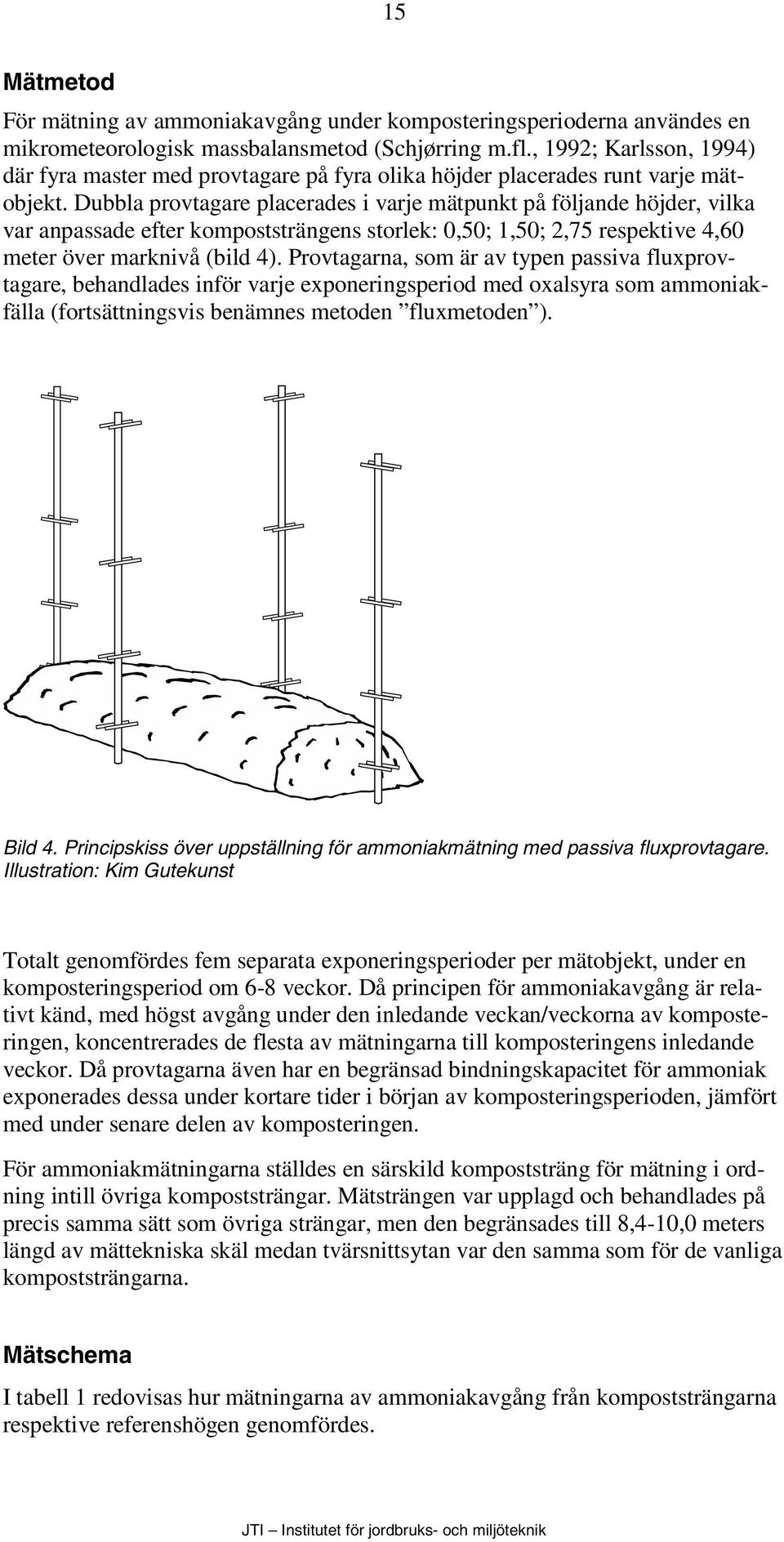 Dubbla provtagare placerades i varje mätpunkt på följande höjder, vilka var anpassade efter kompoststrängens storlek:,5; 1,5; 2,75 respektive 4,6 meter över marknivå (bild 4).
