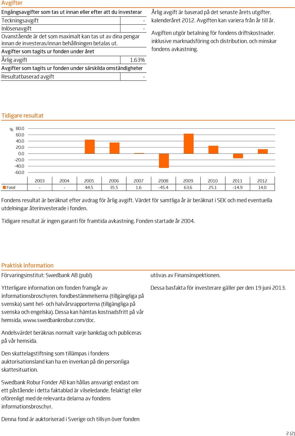 Avgifter som tagits ur fonden under året Årlig avgift 1,63% Avgifter som tagits ur fonden under särskilda omständigheter Resultatbaserad avgift - Årlig avgift är baserad på det senaste årets