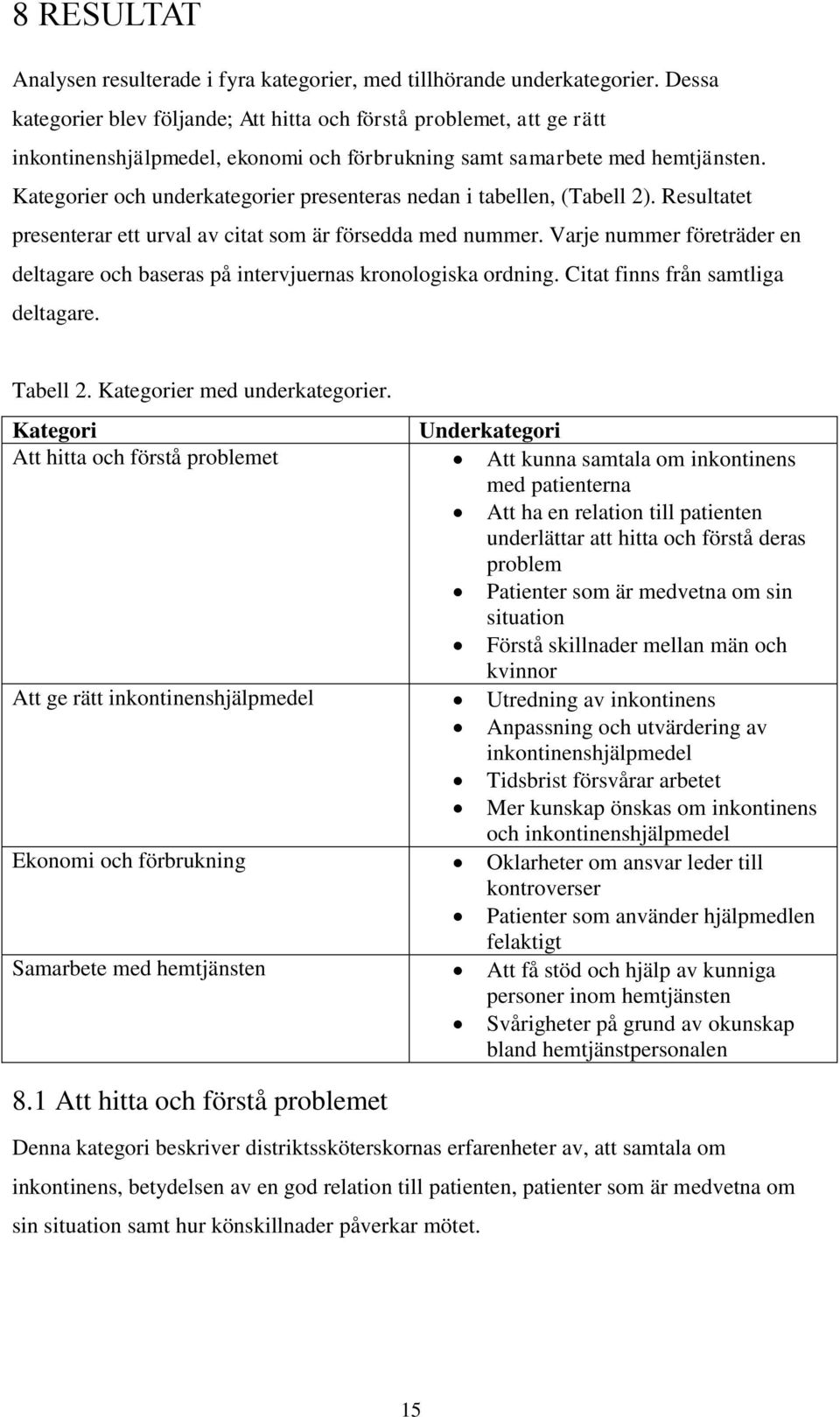 Kategorier och underkategorier presenteras nedan i tabellen, (Tabell 2). Resultatet presenterar ett urval av citat som är försedda med nummer.