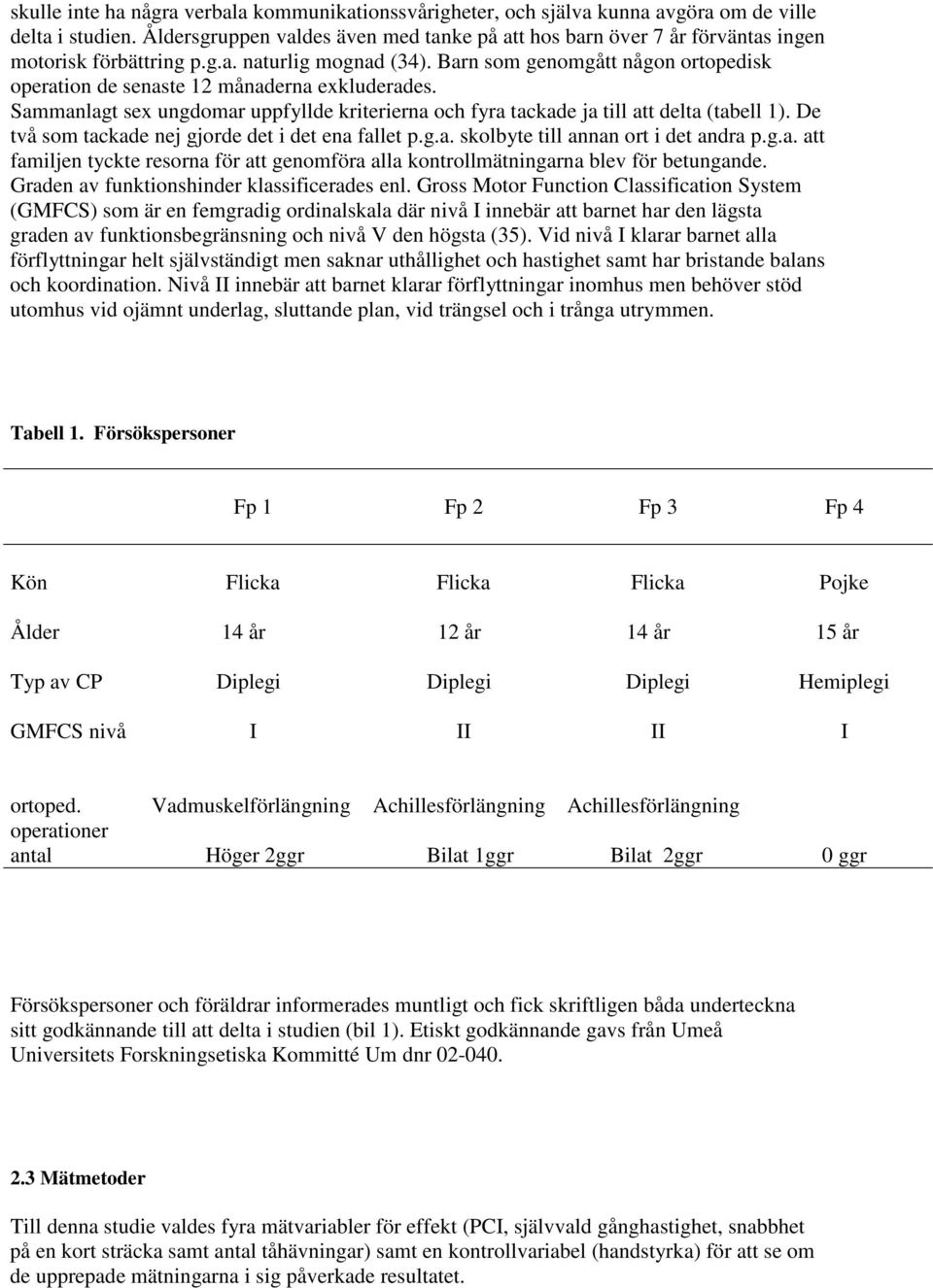 Barn som genomgått någon ortopedisk operation de senaste 12 månaderna exkluderades. Sammanlagt sex ungdomar uppfyllde kriterierna och fyra tackade ja till att delta (tabell 1).