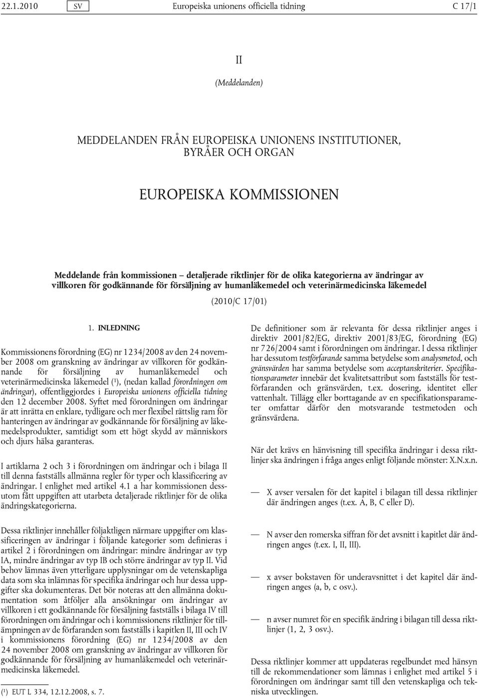 INLEDNING Kommissionens förordning (EG) nr 1234/2008 av den 24 november 2008 om granskning av ändringar av villkoren för godkännande för försäljning av humanläkemedel och veterinärmedicinska