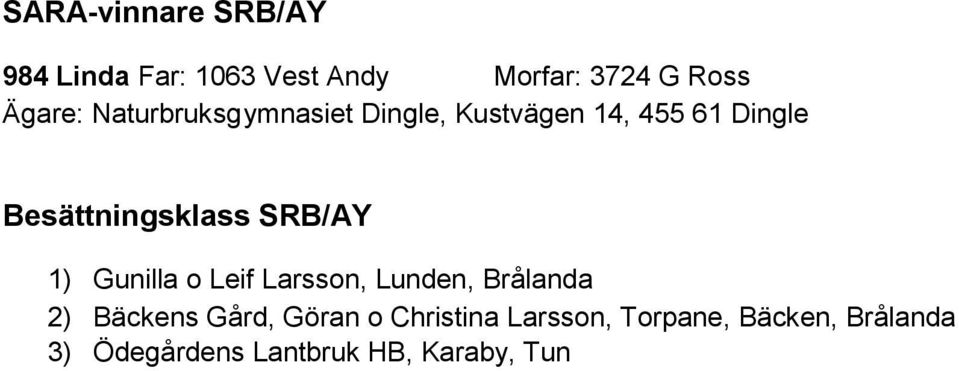 SRB/AY 1) Gunilla o Leif Larsson, Lunden, Brålanda 2) Bäckens Gård, Göran o