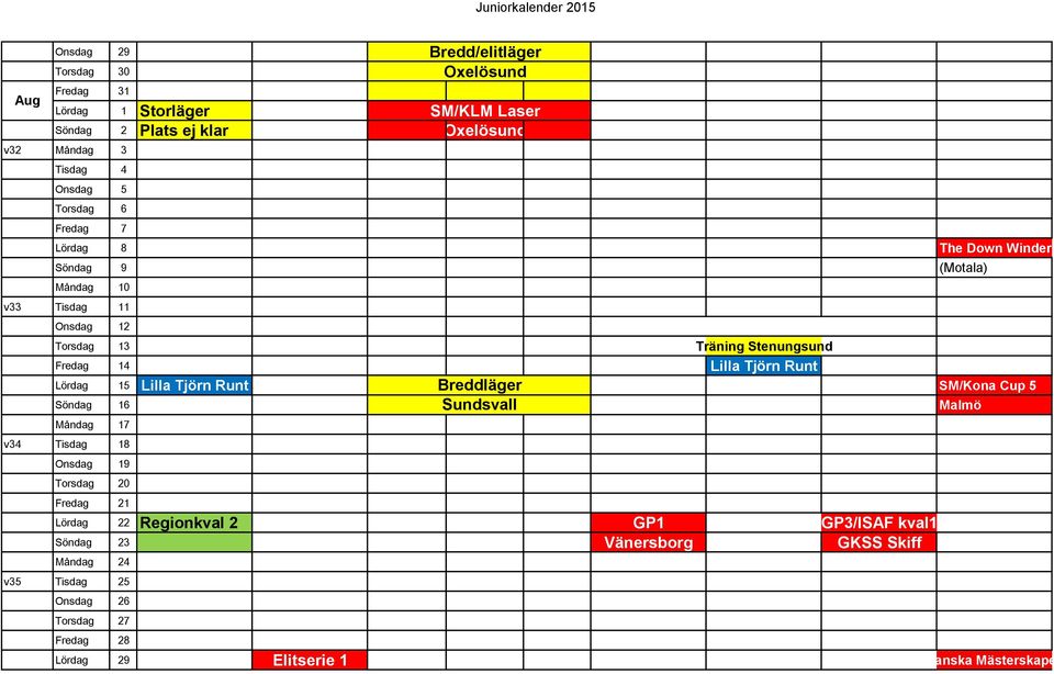 Tjörn Runt Lördag 15 Lilla Tjörn Runt Breddläger Lilla Tjörn Runt SM/Kona Cup 5 Söndag 16 Sundsvall Malmö Måndag 17 Siljan v34 Tisdag 18 Onsdag 19 Torsdag 20 Fredag 21 Lördag 22