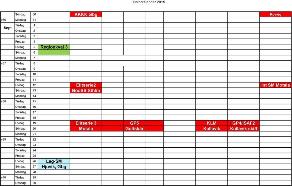 Onsdag 16 Torsdag 17 Fredag 18 Lördag 19 Elitserie 3 GP5 KLM GP4/ISAF2 Söndag 20 Motala Gottskär Kullavik Kullavik skiff Måndag 21 ej