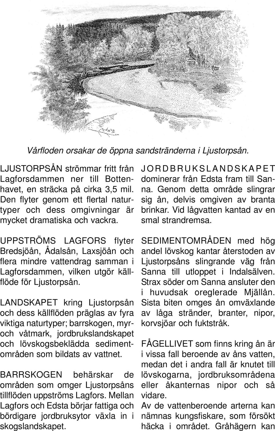 UPPSTRÖMS LAGFORS flyter Bredsjöån, Ådalsån, Laxsjöån och flera mindre vattendrag samman i Lagforsdammen, vilken utgör källflöde för Ljustorpsån.
