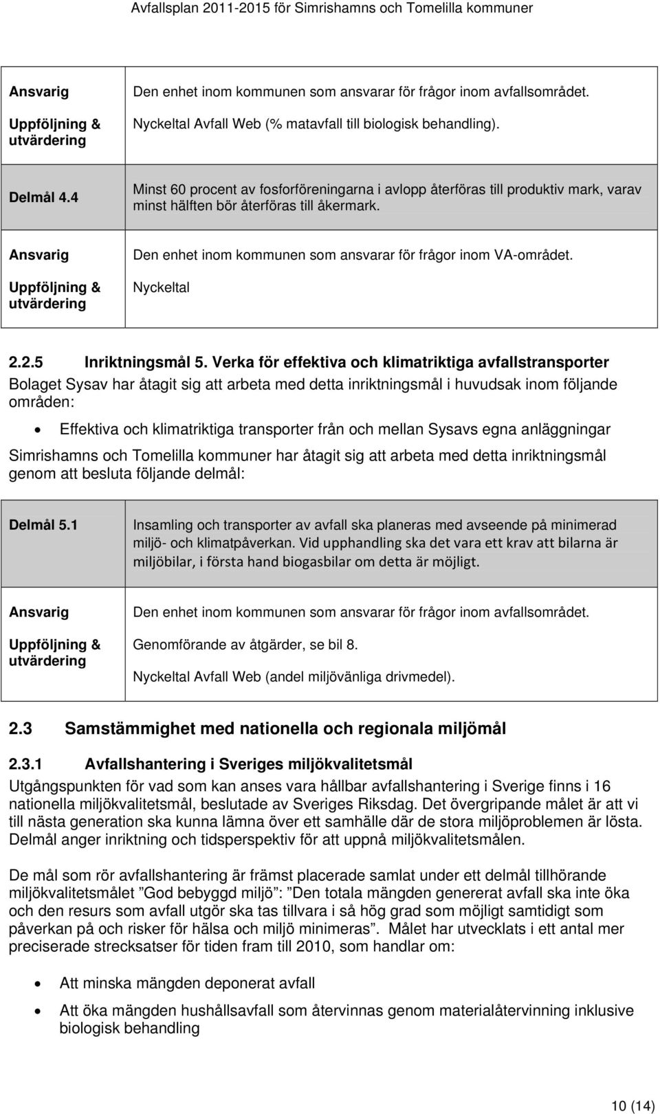 Ansvarig Uppföljning & utvärdering Den enhet inom kommunen som ansvarar för frågor inom VA-området. Nyckeltal 2.2.5 Inriktningsmål 5.