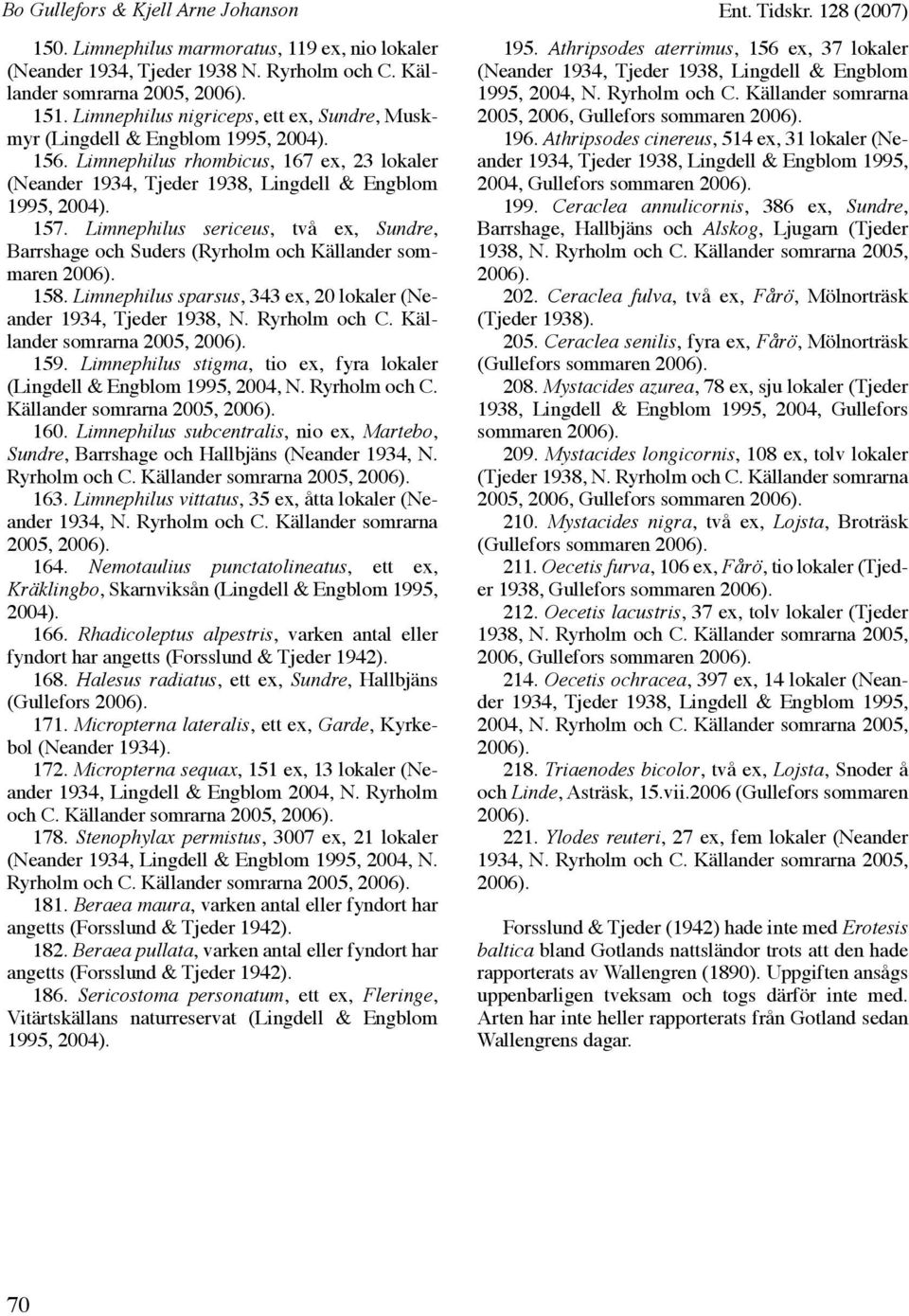 Limnephilus sericeus, två ex, Sundre, Barrshage och Suders (Ryrholm och Källander sommaren 158. Limnephilus sparsus, 343 ex, 20 lokaler (Neander 1934, Tjeder 1938, N. Ryrholm och C.