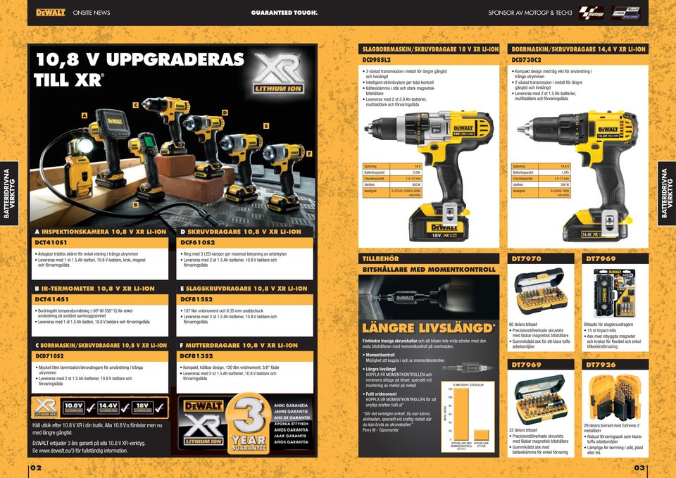 0 Ah-batterier, multiladdare och BORRMASKIN/SKRUVDRAGARE 14,4 V XR LI-ION DCD730C2 Kompakt design med låg vikt för användning i trånga utrymmen 2 växlad transmission i metall för längre gångtid och