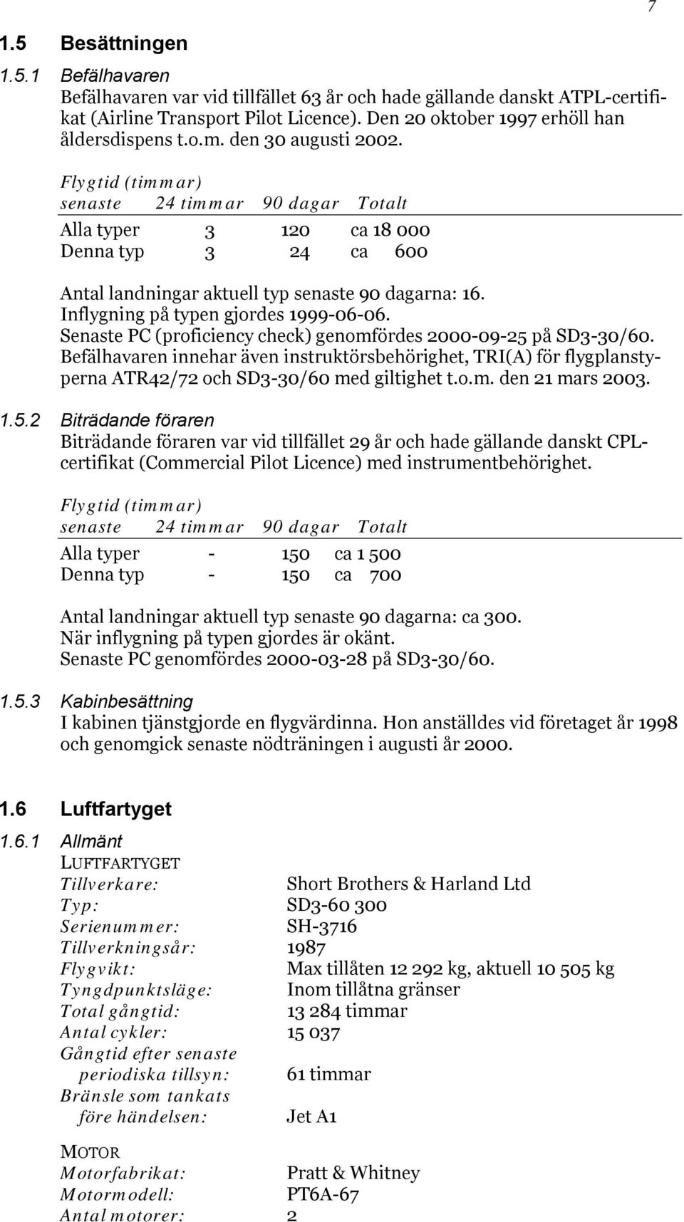 Inflygning på typen gjordes 1999-06-06. Senaste PC (proficiency check) genomfördes 2000-09-25 på SD3-30/60.