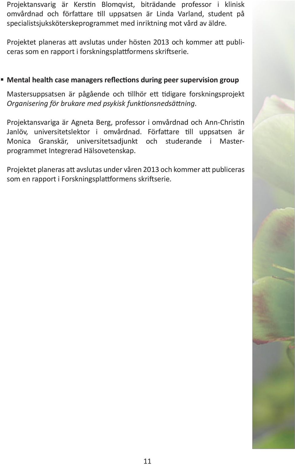 Mental health case managers reflections during peer supervision group Mastersuppsatsen är pågående och tillhör ett tidigare forskningsprojekt Organisering för brukare med psykisk funktionsnedsättning.