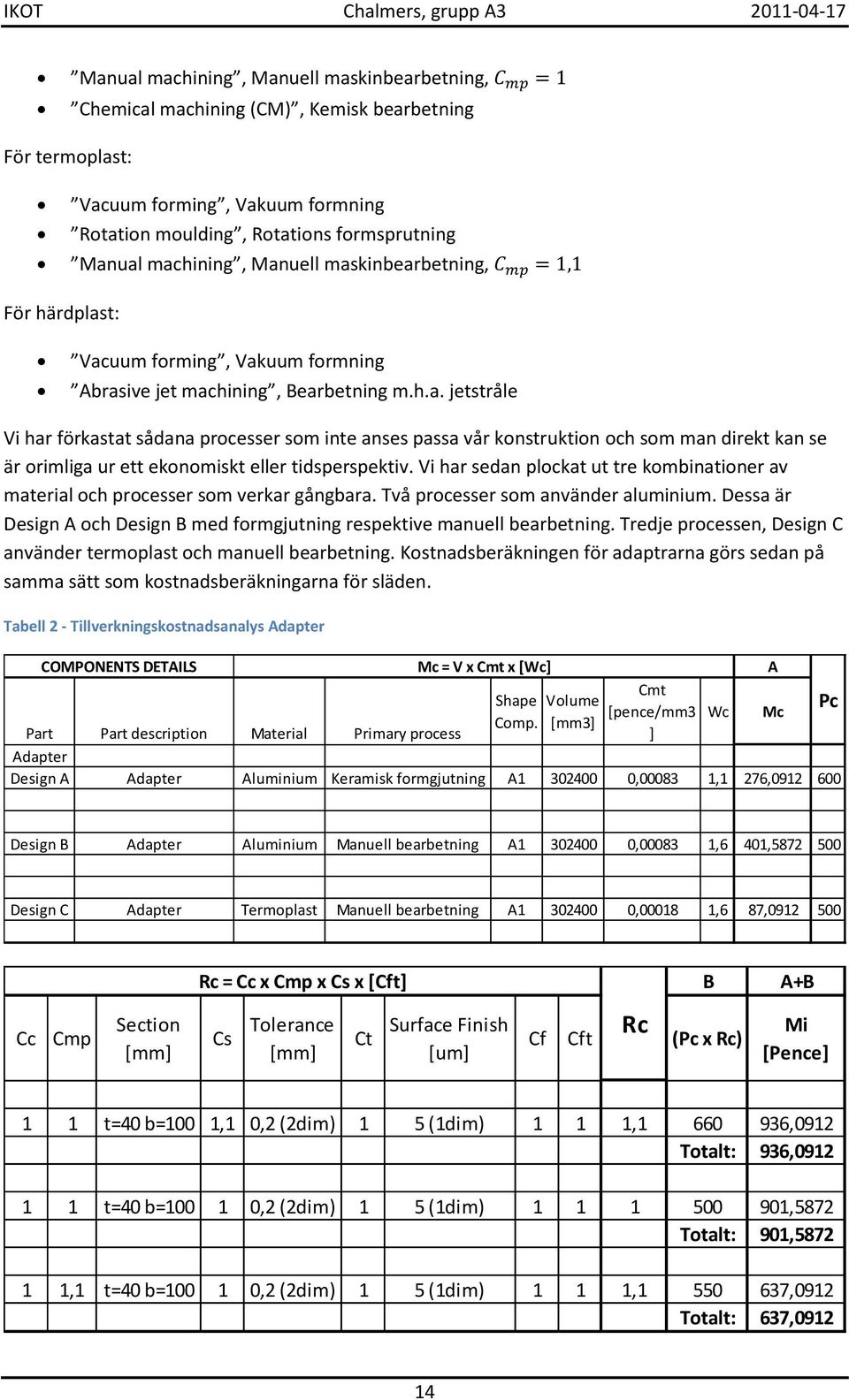 Vi har sedan plockat ut tre kombinationer av material och processer som verkar gångbara. Två processer som använder aluminium.