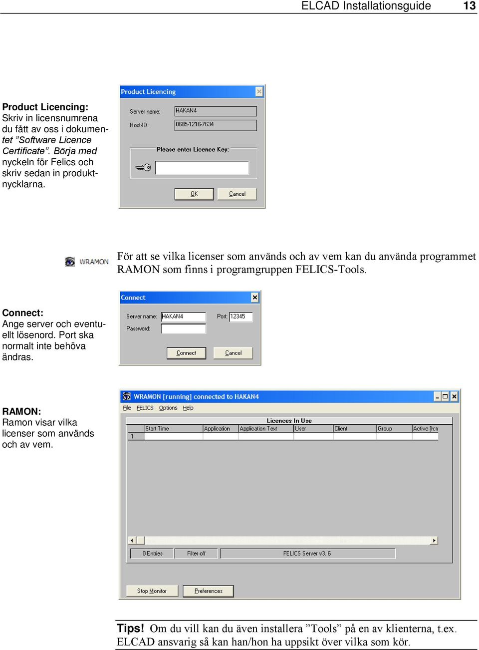 För att se vilka licenser som används och av vem kan du använda programmet RAMON som finns i programgruppen FELICS-Tools.