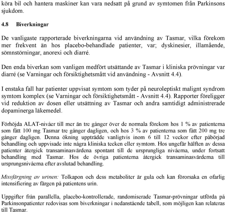 anorexi och diarré. Den enda biverkan som vanligen medfört utsättande av Tasmar i kliniska prövningar var diarré (se Varningar och försiktighetsmått vid användning - Avsnitt 4.4).