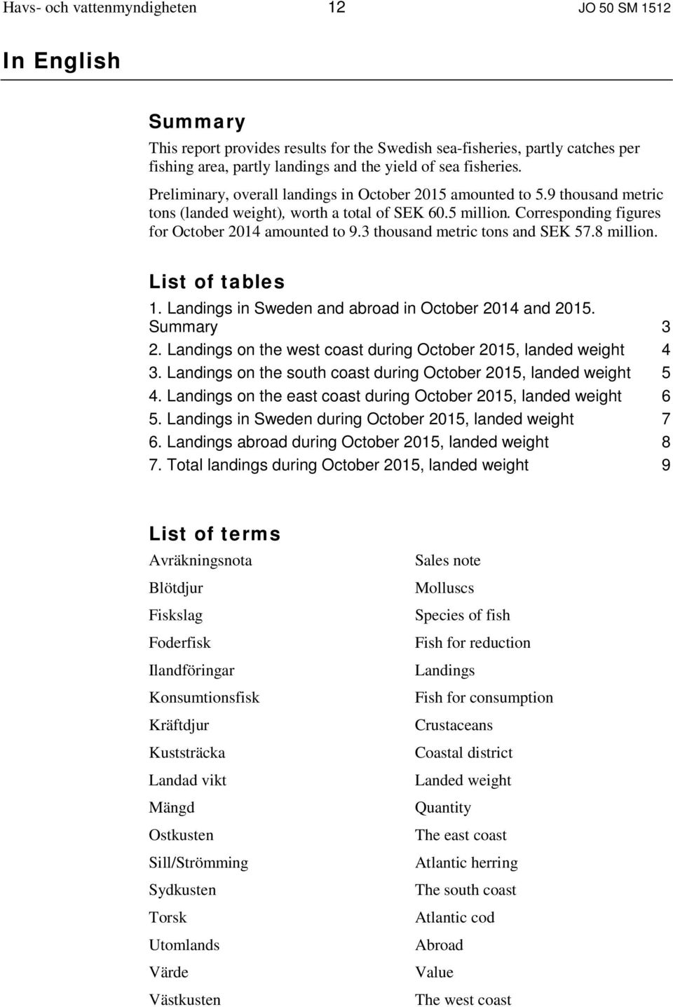 3 thousand metric tons and SEK 57.8 million. List of tables 1. Landings in Sweden and abroad in October 2014 and 2015. Summary 3 2. Landings on the west coast during October 2015, landed weight 4 3.