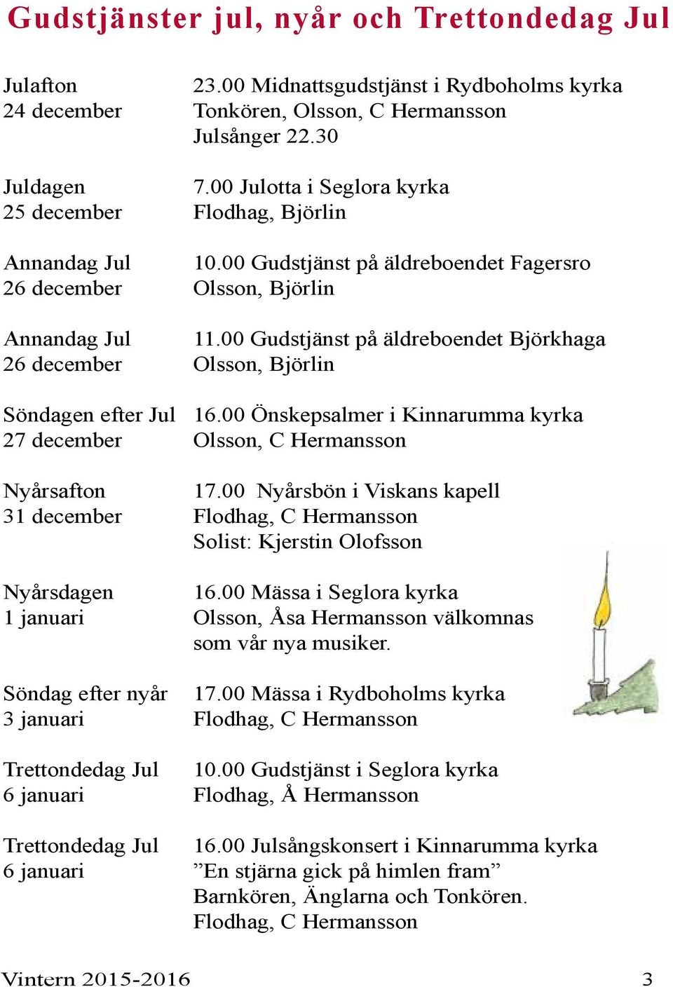 00 Gudstjänst på äldreboendet Björkhaga 26 december Olsson, Björlin Söndagen efter Jul 16.00 Önskepsalmer i Kinnarumma kyrka 27 december Olsson, C Hermansson Nyårsafton 17.