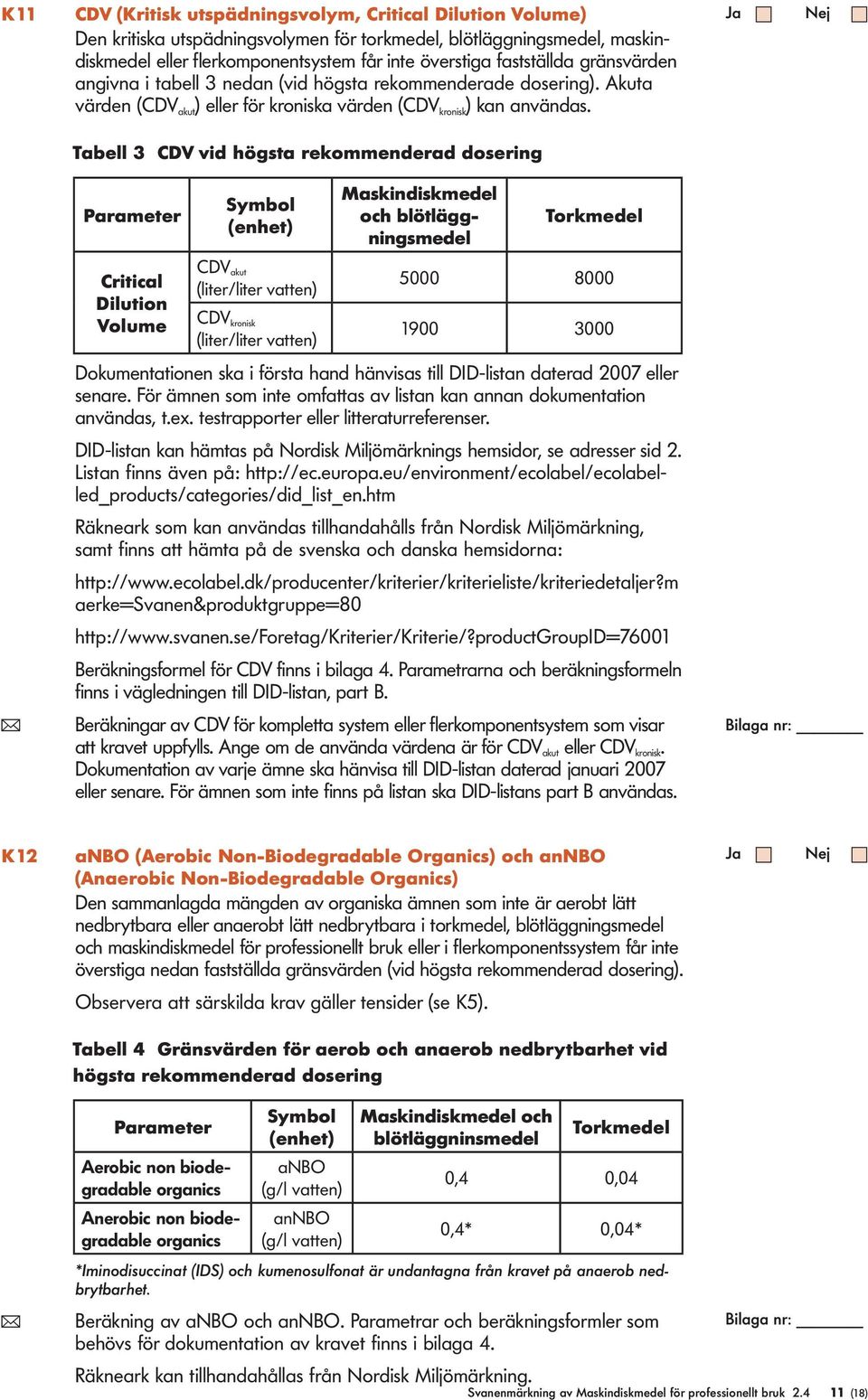 Tabe 3 CDV vid högsta rekommenderad dosering Parameter Symbo (enhet) Maskindiskmede och bötäggningsmede Torkmede Critica Diution Voume CDV akut (iter/iter vatten) CDV kronisk (iter/iter vatten) 5000