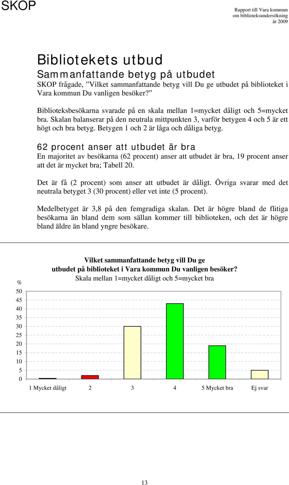 Betygen 1 och 2 är låga och dåliga betyg. 62 procent anser att utbudet är bra En majoritet av besökarna (62 procent) anser att utbudet är bra, 19 procent anser att det är mycket bra; Tabell 2.