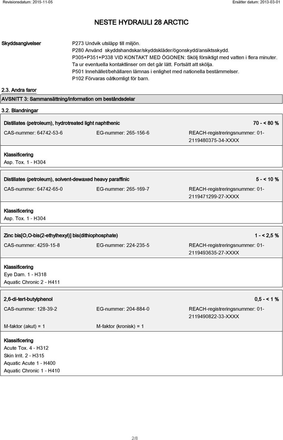 Andra faror AVSNITT 3: Sammansättning/information om beståndsdelar 3.2.