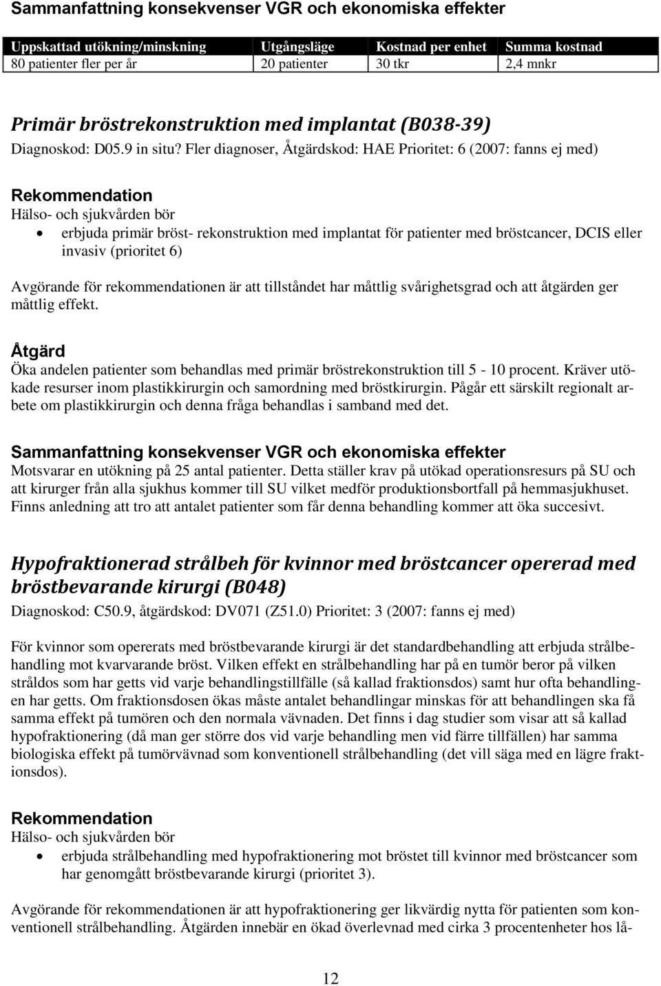 Fler diagnoser, skod: HAE Prioritet: 6 (2007: fanns ej med) Rekommendation Hälso- och sjukvården bör erbjuda primär bröst- rekonstruktion med implantat för patienter med bröstcancer, DCIS eller