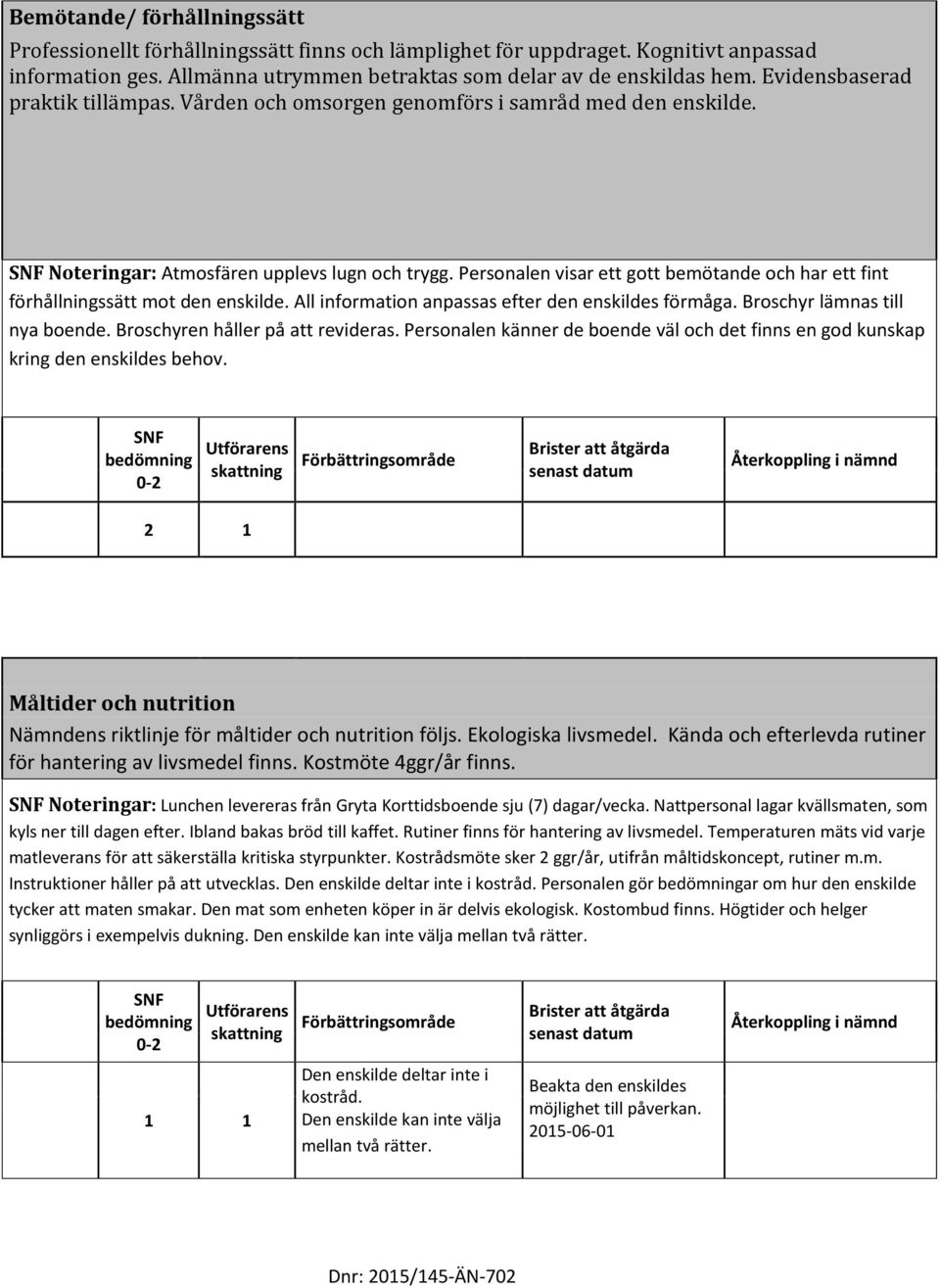 Personalen visar ett gott bemötande och har ett fint förhållningssätt mot den enskilde. All information anpassas efter den enskildes förmåga. Broschyr lämnas till nya boende.