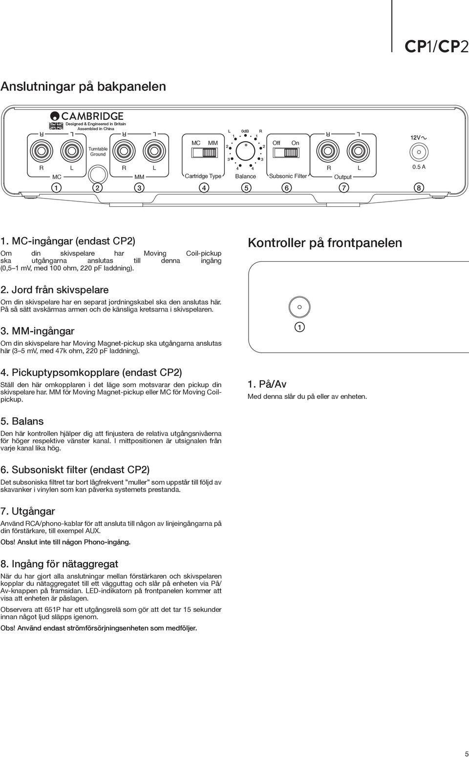 MC-ingångar (endast CP2) Om din skivspelare har Moving Coil-pickup ska utgångarna anslutas till denna ingång (0,5 1 mv, med 100 ohm, 220 pf laddning). Kontroller på frontpanelen 2.
