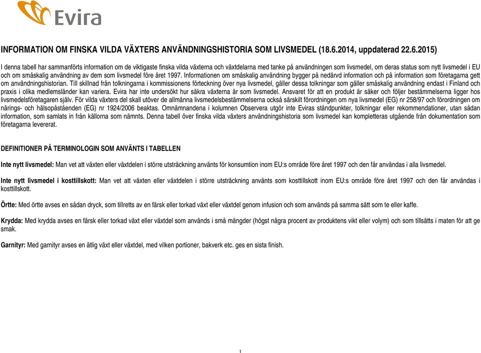 2015) I denna tabell har sammanförts information om de viktigaste finska vilda växterna och växtdelarna med tanke på användningen som, om deras status som nytt EU och om småskalig användning av dem