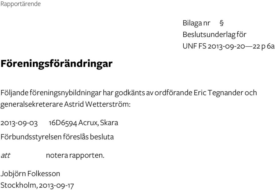 Tegnander och generalsekreterare Astrid Wetterström: 2013-09-03 16D6594 Acrux,