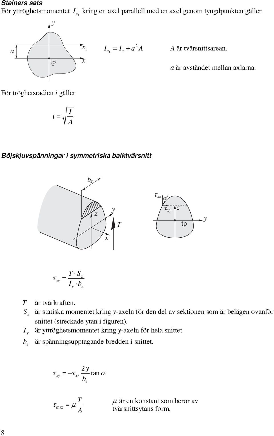 S är sttisk momentet kring -eln för den del v sektionen som är elägen ovnför snittet (streckde tn i figuren).