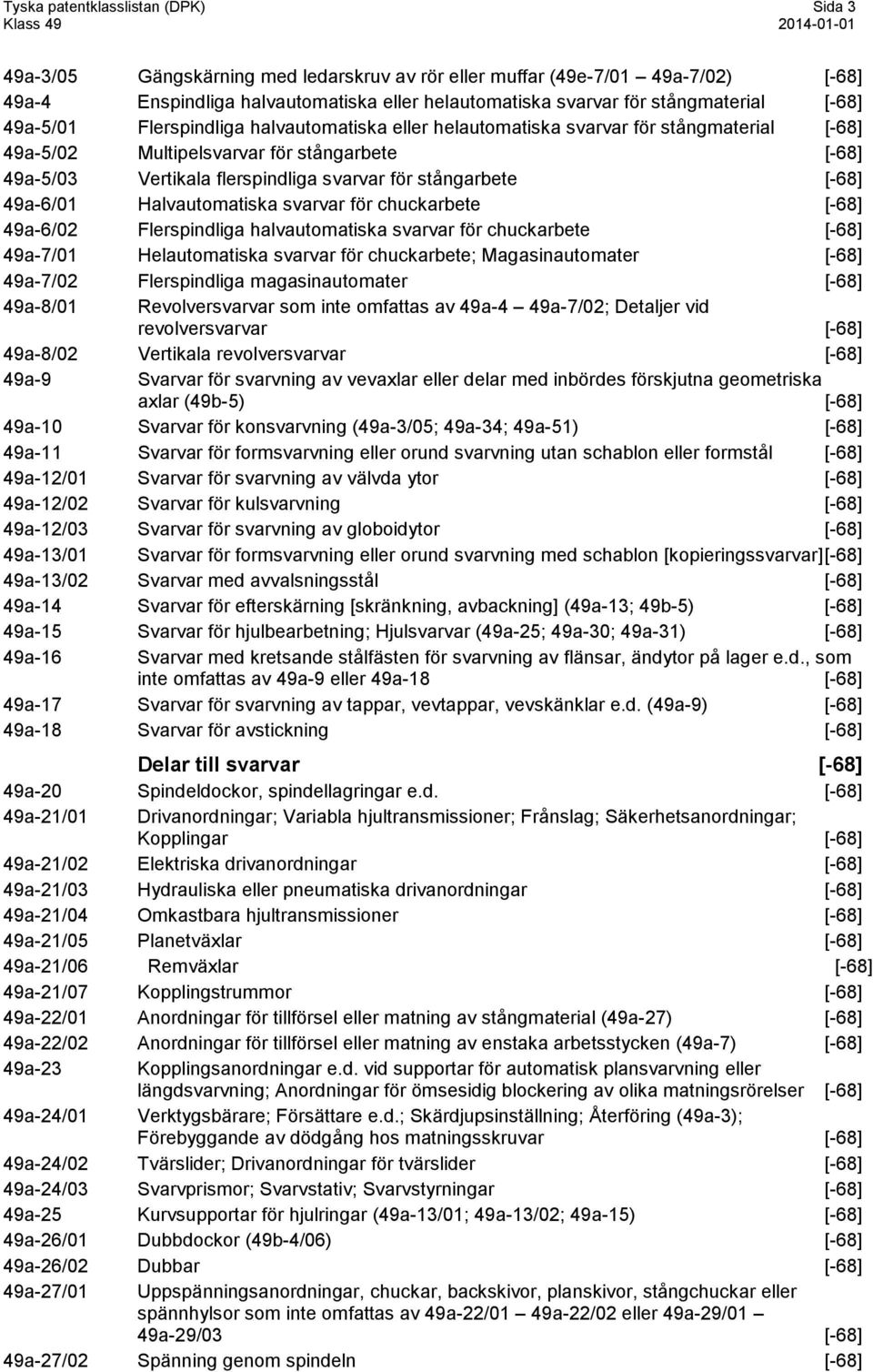 för stångarbete [-68] 49a-6/01 Halvautomatiska svarvar för chuckarbete [-68] 49a-6/02 Flerspindliga halvautomatiska svarvar för chuckarbete [-68] 49a-7/01 Helautomatiska svarvar för chuckarbete;