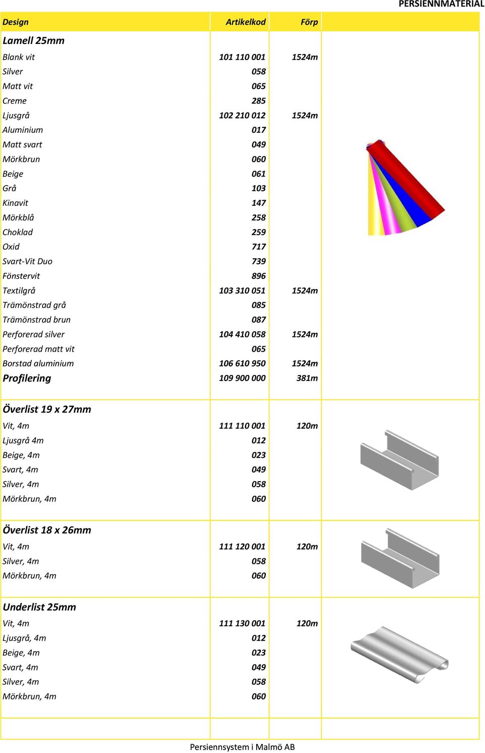 Borstad aluminium 106 610 950 1524m Profilering 109 900 000 381m Överlist 19 x 27mm Vit, 4m 111 110 001 120m Ljusgrå 4m 012 Bi Beige, 4m 023 Svart, 4m 049 Silver, 4m 058 Mörkbrun, 4m 060