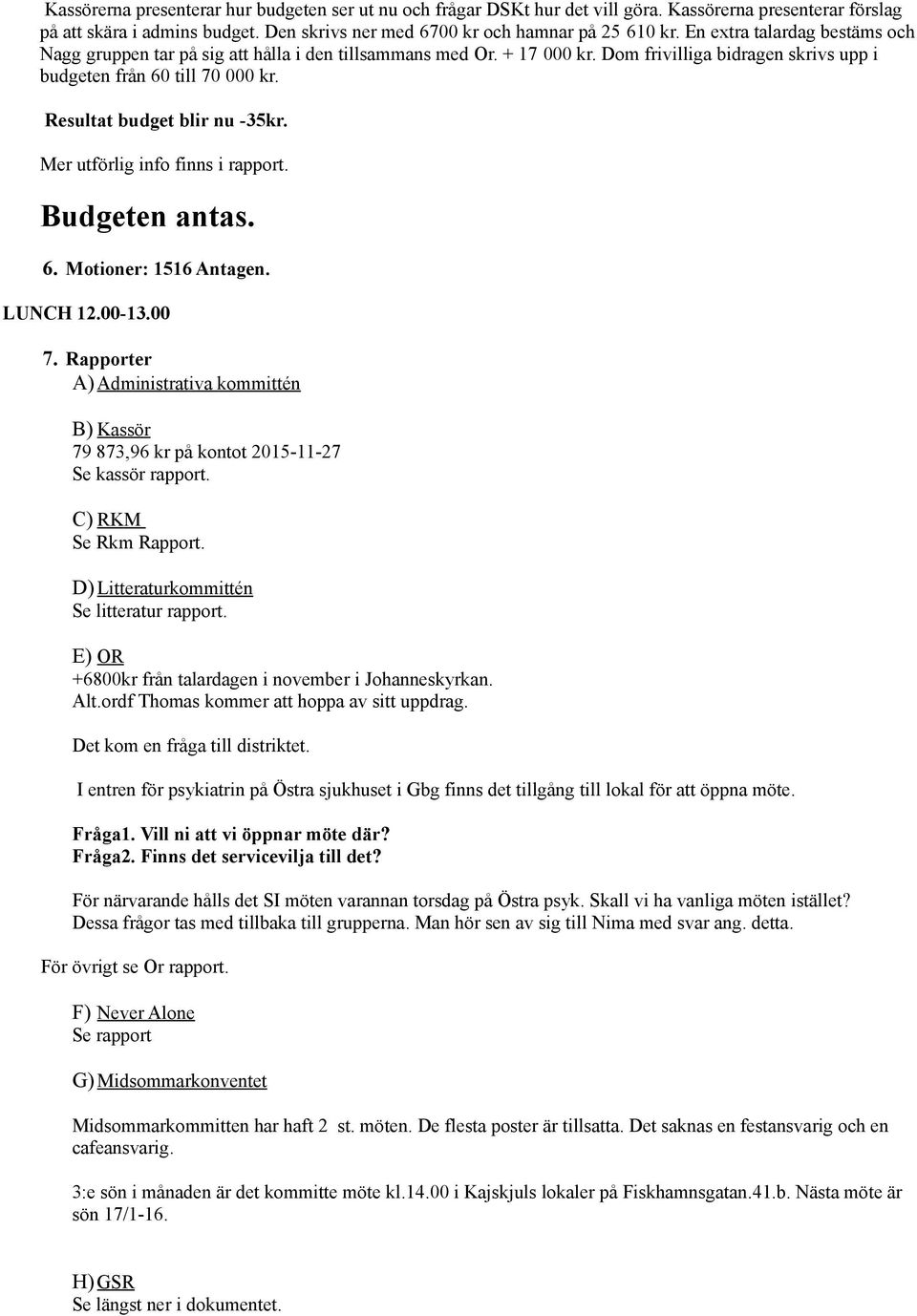 Resultat budget blir nu -35kr. Mer utförlig info finns i rapport. Budgeten antas. 6. Motioner: 1516 Antagen. LUNCH 12.00-13.00 7.