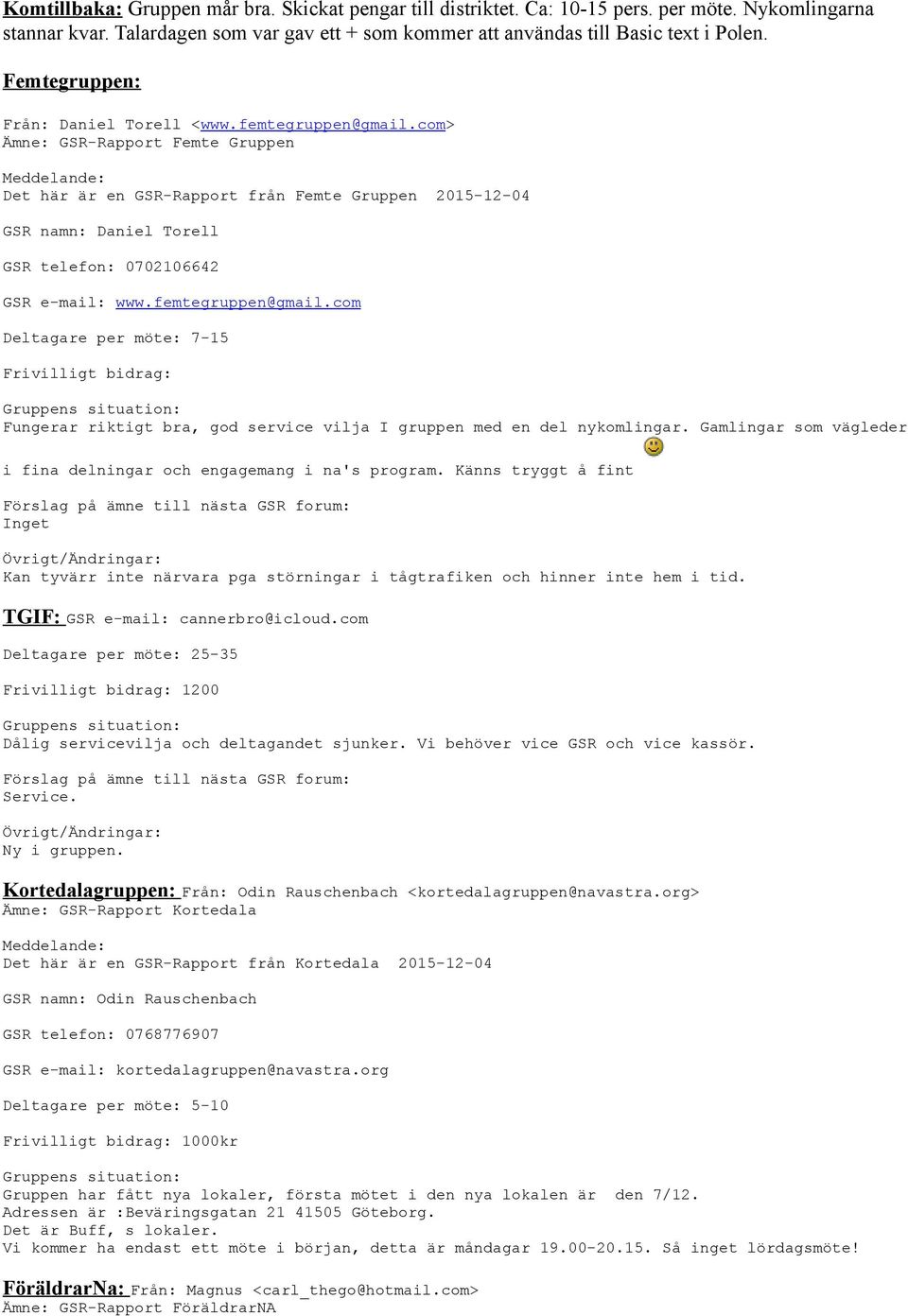 com> Ämne: GSR-Rapport Femte Gruppen Det här är en GSR-Rapport från Femte Gruppen 2015-12-04 GSR namn: Daniel Torell GSR telefon: 0702106642 GSR e-mail: www.femtegruppen@gmail.