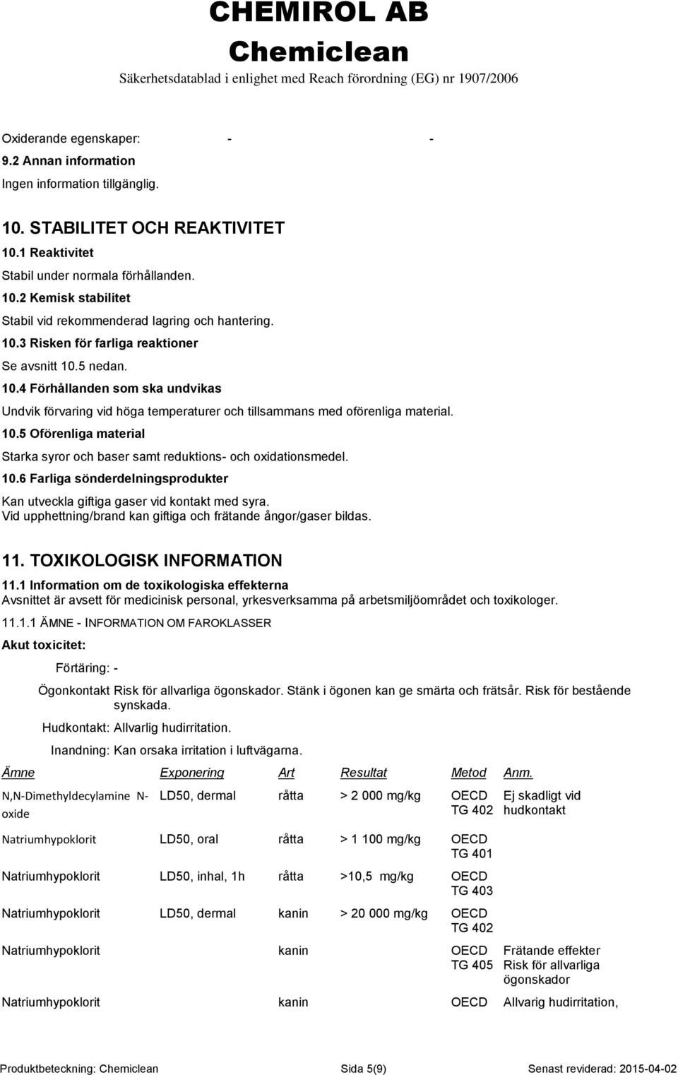 10.6 Farliga sönderdelningsprodukter Kan utveckla giftiga gaser vid kontakt med syra. Vid upphettning/brand kan giftiga och frätande ångor/gaser bildas. 11. TOXIKOLOGISK INFORMATION 11.