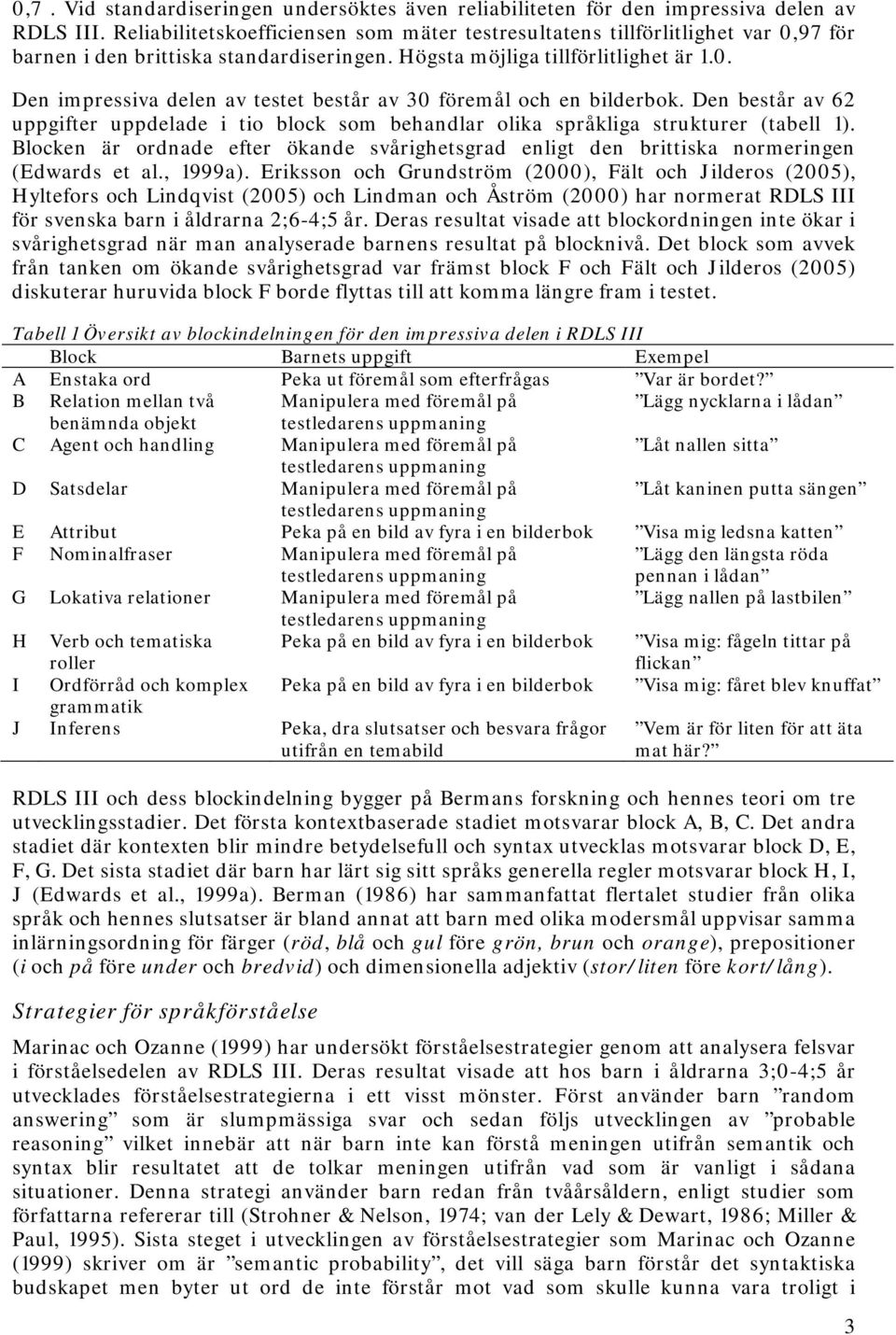 Den består av 62 uppgifter uppdelade i tio block som behandlar olika språkliga strukturer (tabell 1). Blocken är ordnade efter ökande svårighetsgrad enligt den brittiska normeringen (Edwards et al.