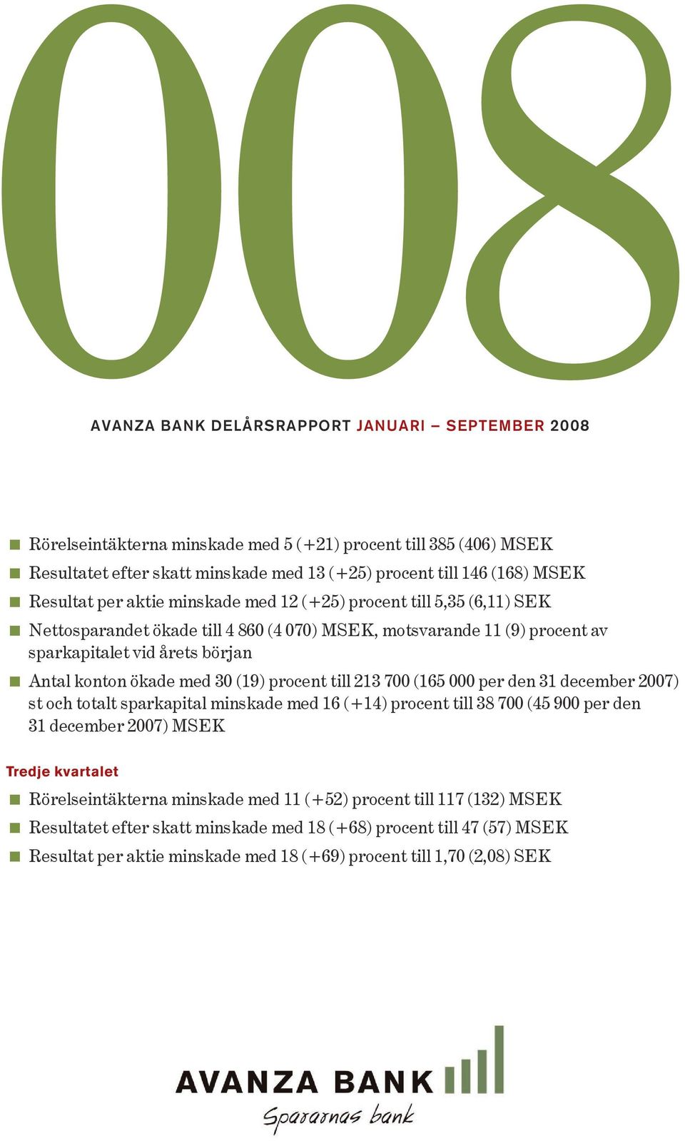 ökade med 3 () procent till 3 7 (6 per den 3 december 7) st och totalt sparkapital minskade med 6 (+) procent till 3 7 ( per den 3 december 7) MSEK Tredje kvartalet <<